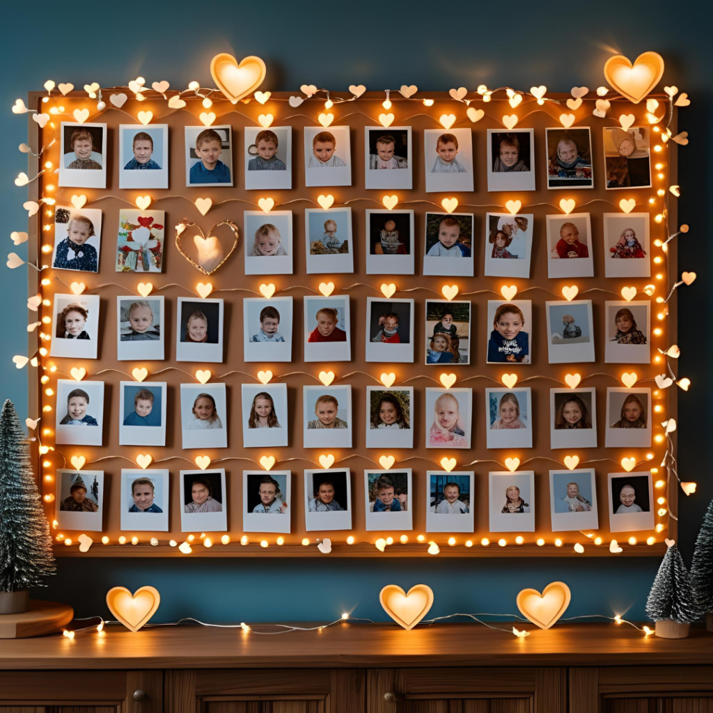 Birthday Decoration Ideas That Make Every Celebration Magical 11 : Birthday memory board with personal photos, string lights, and paper hearts for a nostalgic touch.