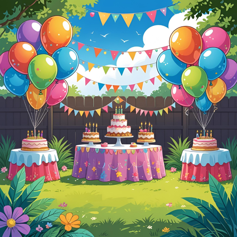 Beautiful birthday celebration setup with colorful balloons, decorated cake table, and festive lighting in a vibrant party space.