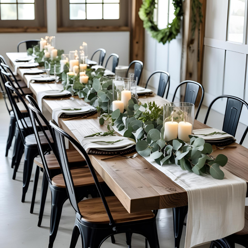 Home Celebration Decor Ideas That Turn Spaces into Moments 2 Rustic modern dining room decorated for celebration with wooden table, greenery garlands, and soft candlelight.