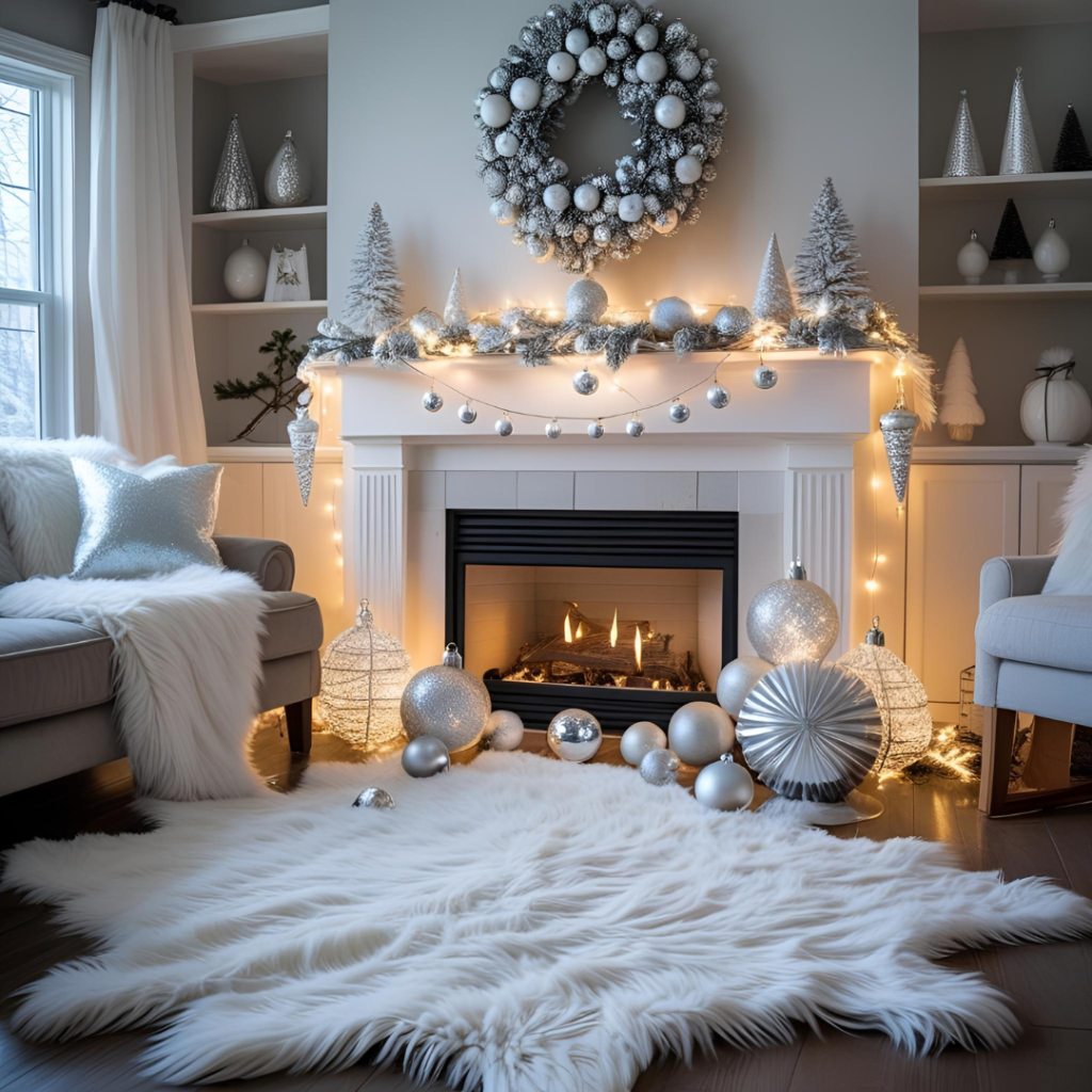 Home Celebration Decor Ideas That Turn Spaces into Moments 3 Cozy winter wonderland home celebration decor with soft throws, glowing lights, and silver accents.