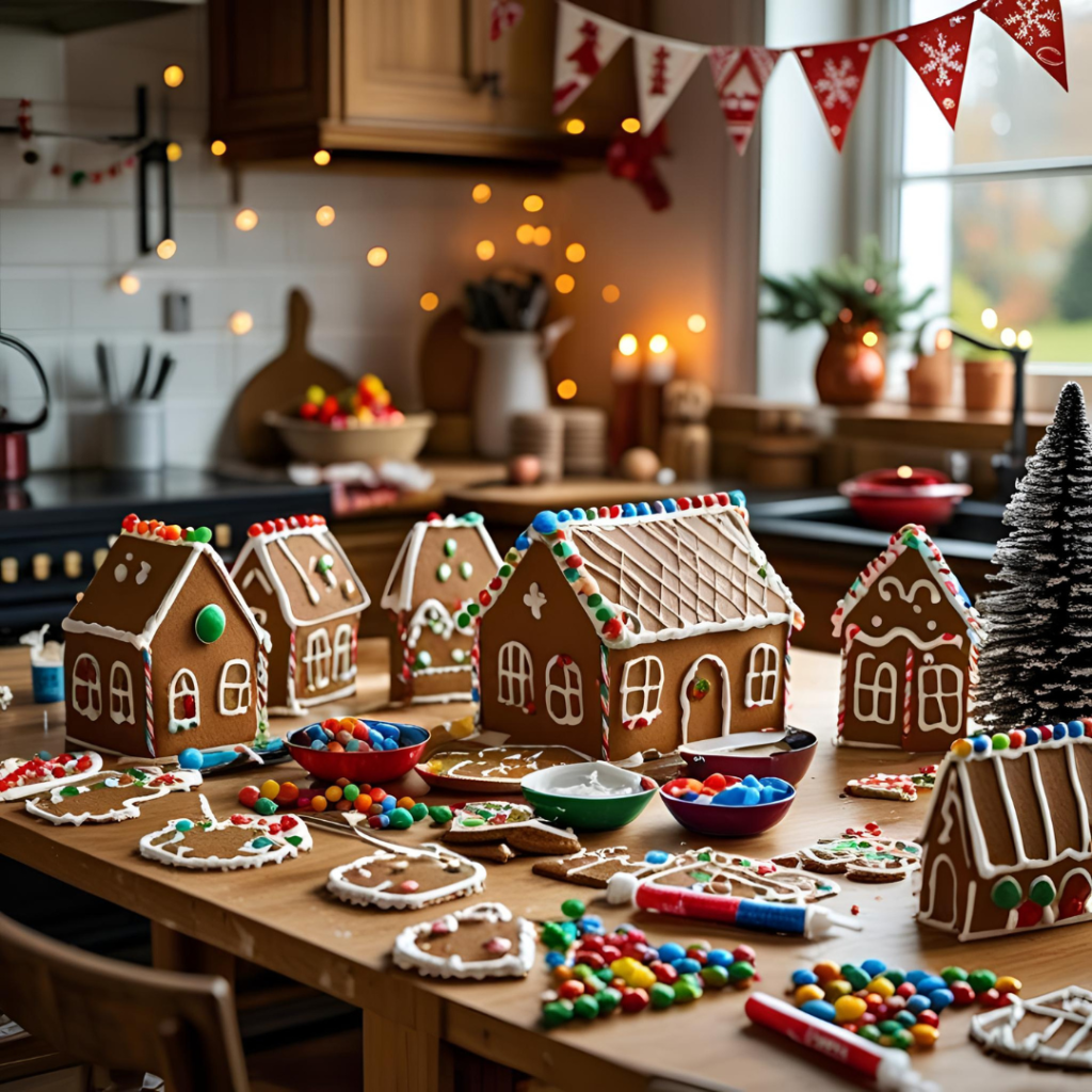 Home Celebration Decor Ideas That Turn Spaces into Moments 4 Gingerbread house decorating party setup with candy, icing, and festive decorations for a home celebration.