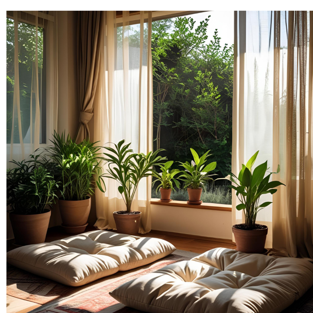 Home Celebration Decor Ideas That Turn Spaces into Moments 5 Cozy yoga and meditation space with outdoor views designed as a relaxing home celebration decor idea.