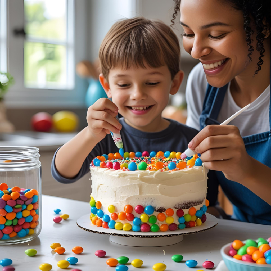 Homemade cake being decorated by a child and parent, full of colorful candy and imperfect joy.