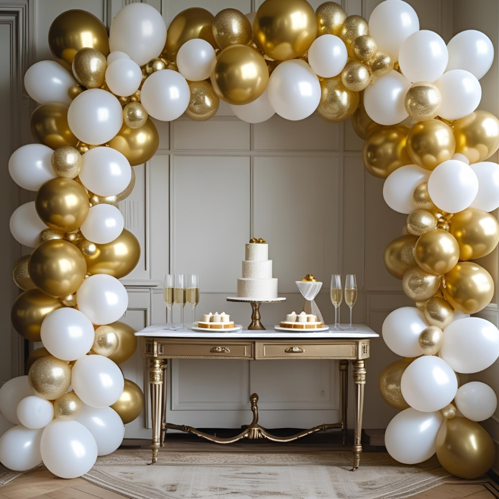 Home Celebration Decor Ideas That Turn Spaces into Moments 6 Elegant home celebration decor with gold and white balloon garland backdrop and dessert display.