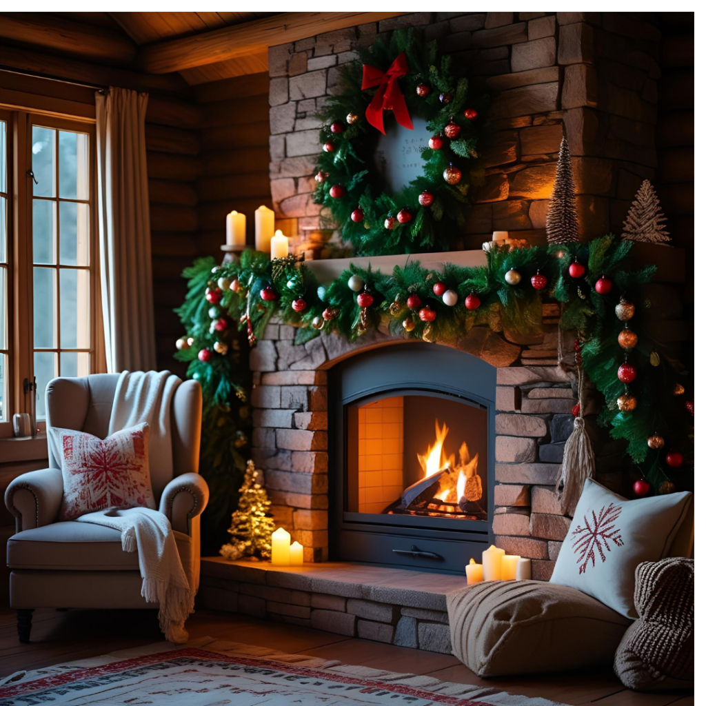 Home Celebration Decor Ideas That Turn Spaces into Moments 8 Seasonal fireplace nook styled as a warm home celebration decor idea with blankets and garlands.