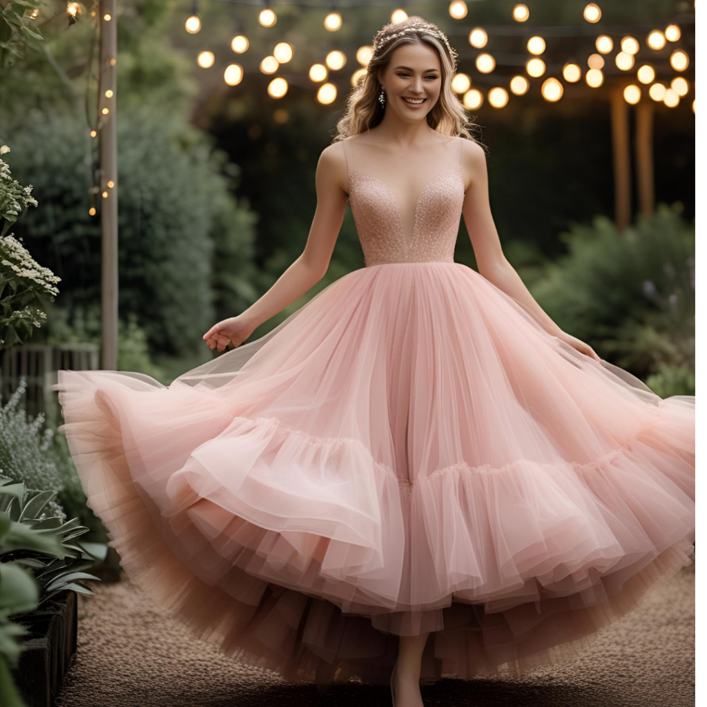Wedding Dresses That Define Elegance: A Bride’s Style Story 7 “Bride spinning in a blush pink tulle wedding dress in a garden under twinkle lights”