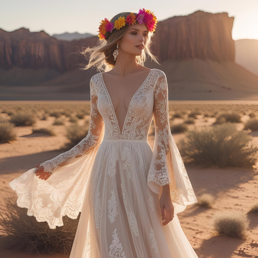 Wedding Dresses That Define Elegance: A Bride’s Style Story 8 “Boho bride in a desert landscape wearing a bell-sleeved lace wedding dress and flower crown”