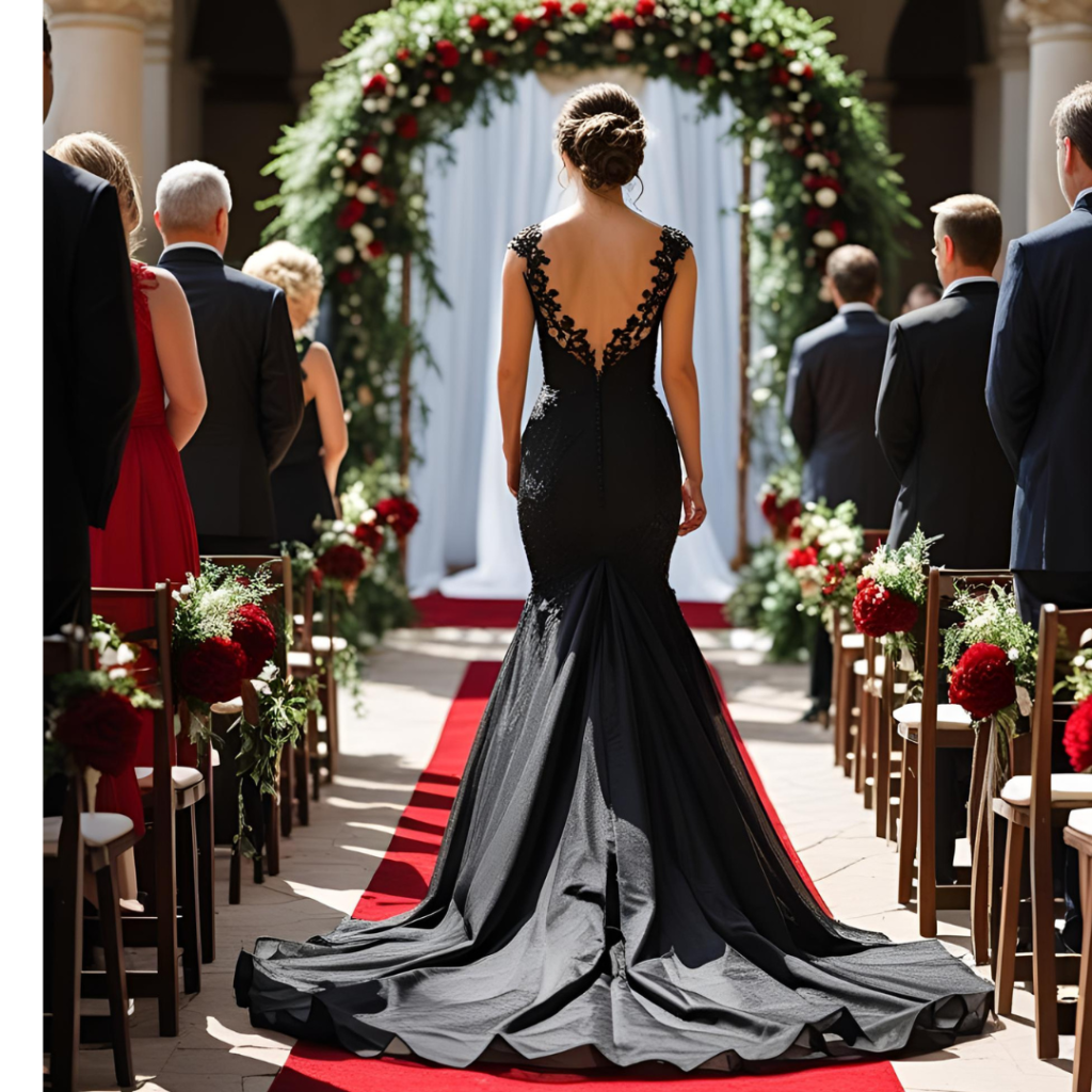Wedding Dresses That Define Elegance: A Bride’s Style Story 10 “Bride walking down the aisle in a black wedding dress with dramatic train and red bouquet”
