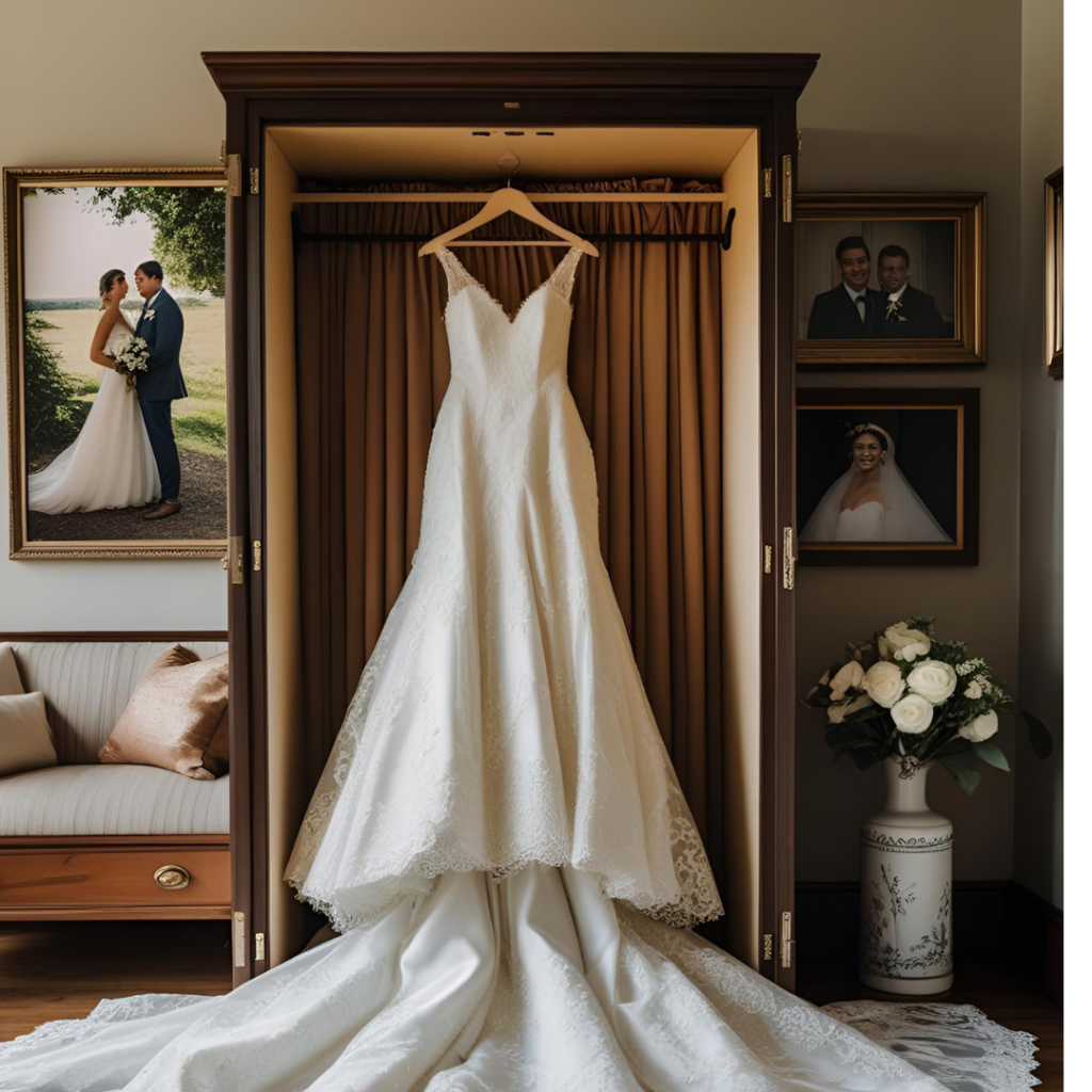 Wedding Dresses That Define Elegance: A Bride’s Style Story 11 “Wedding dress neatly folded in a preservation box next to framed wedding photo”