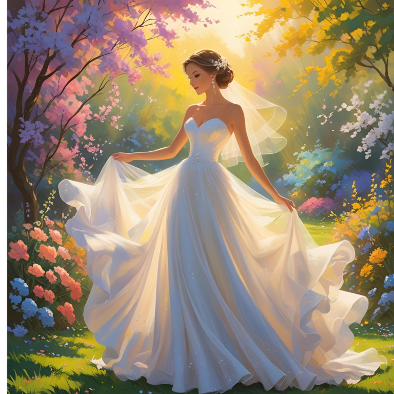 "Elegant bride in a flowing white wedding dress standing in a sunlit garden, symbolizing timeless style and fairytale wedding dreams"