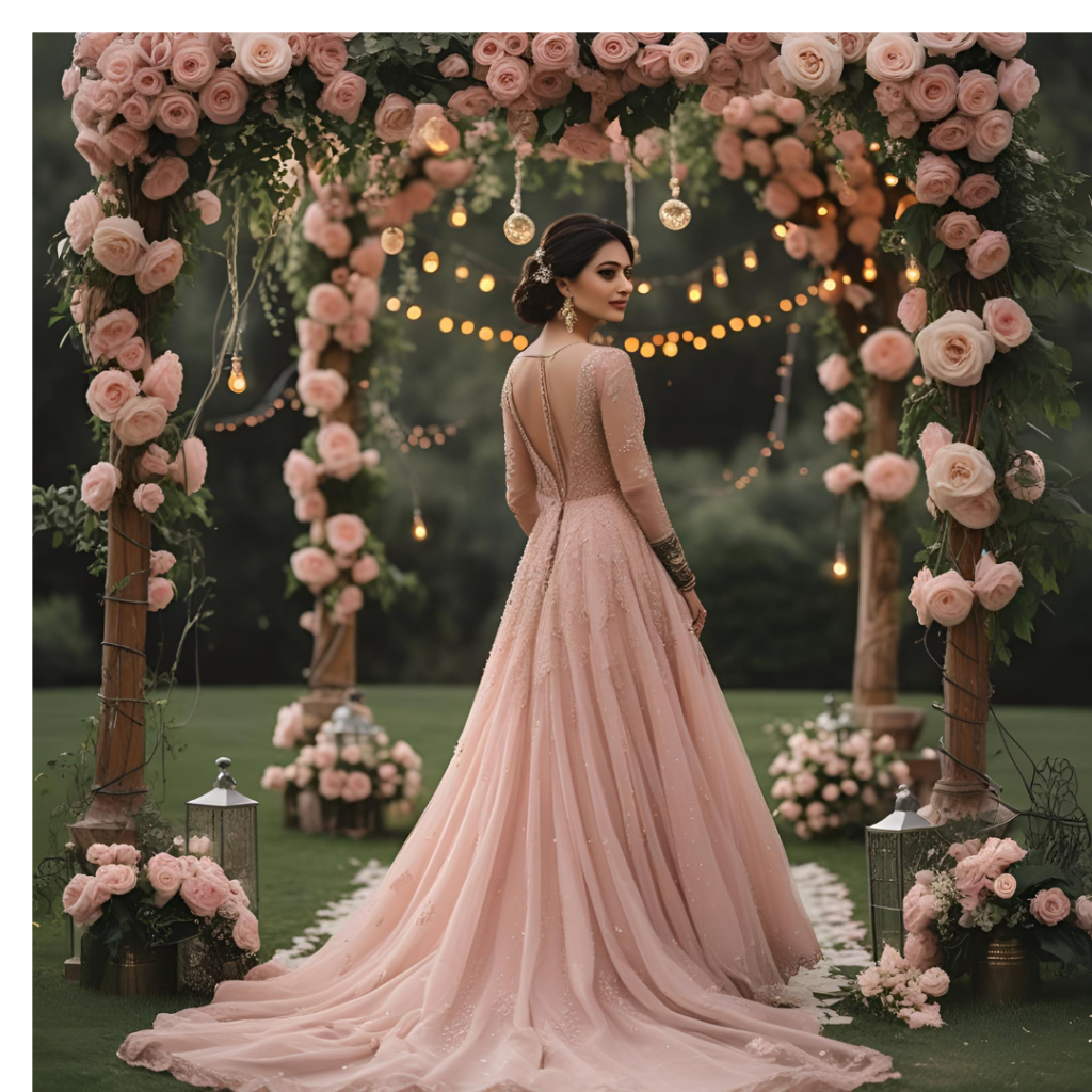 Wedding Dresses Inspired by Fairytales and Pakistani Elegance 2 "Bride in a blush fairytale wedding dress under rose-covered arch and string lights"