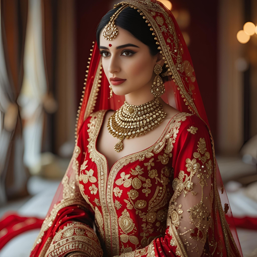 Wedding Dresses Inspired by Fairytales and Pakistani Elegance 3 "Traditional Pakistani bride in red wedding dress with gold embroidery and classic jewelry"