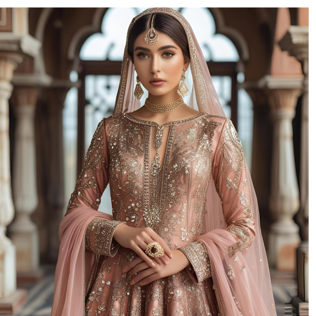 Wedding Dresses Inspired by Fairytales and Pakistani Elegance 4 Rose gold Pakistani wedding dress with intricate mirror detailing and soft blush dupatta"