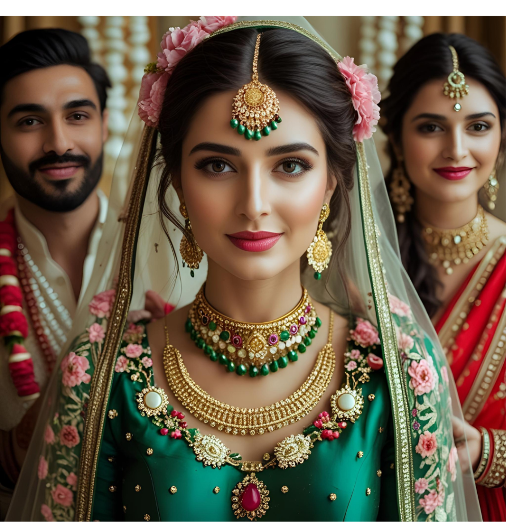 Wedding Dresses Inspired by Fairytales and Pakistani Elegance 5 "Pakistani bride in green wedding dress at mehndi celebration with floral jewelry"
