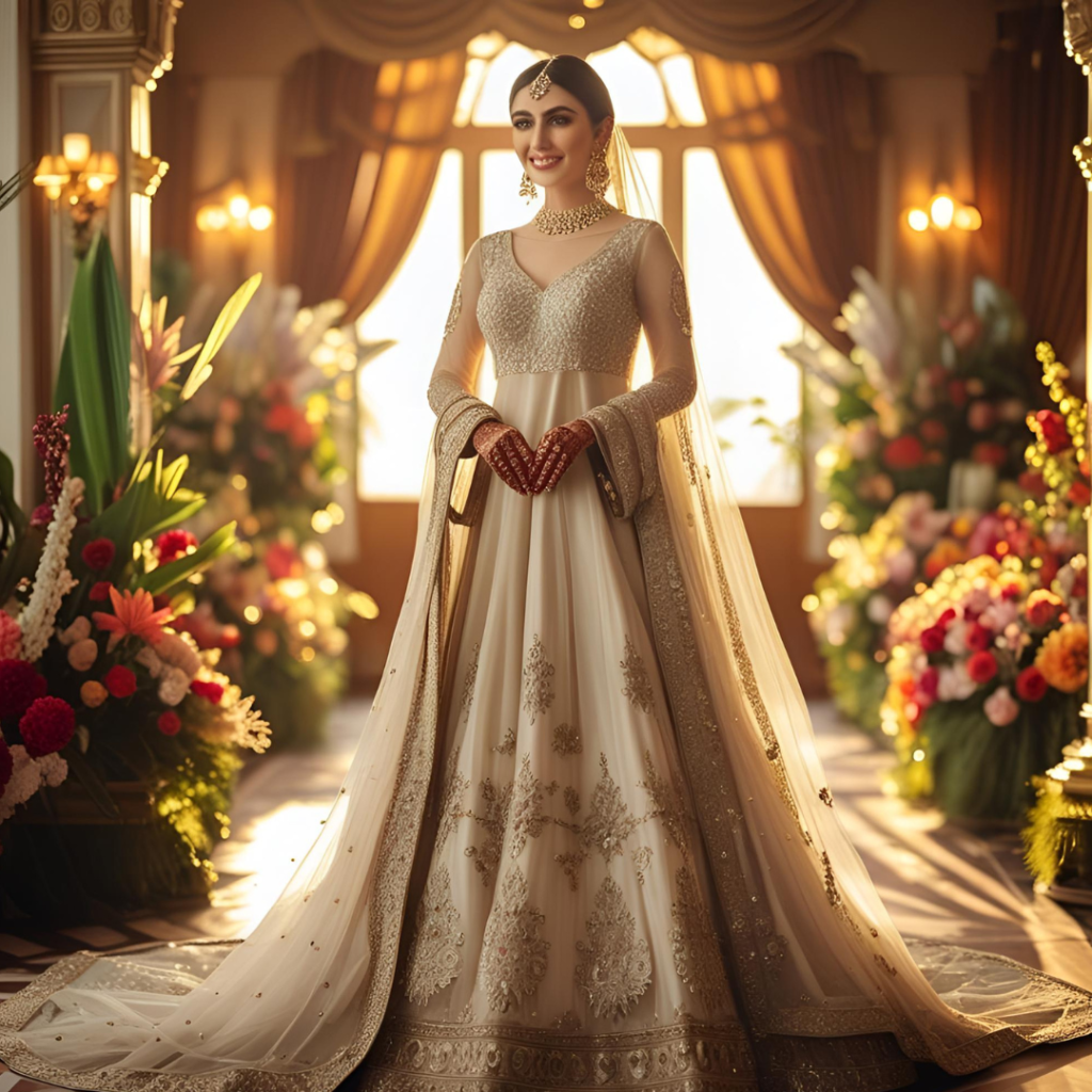 Wedding Dresses Inspired by Fairytales and Pakistani Elegance 6 "Elegant Pakistani bride in ivory wedding gown with detailed embroidery"