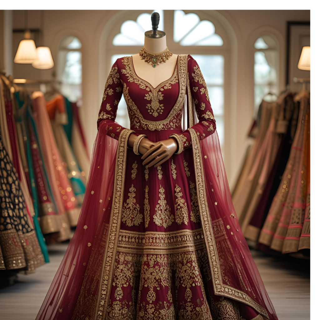 Wedding Dresses Inspired by Fairytales and Pakistani Elegance 7 "Embroidered maroon Anarkali wedding dress with gold detailing and regal styling"