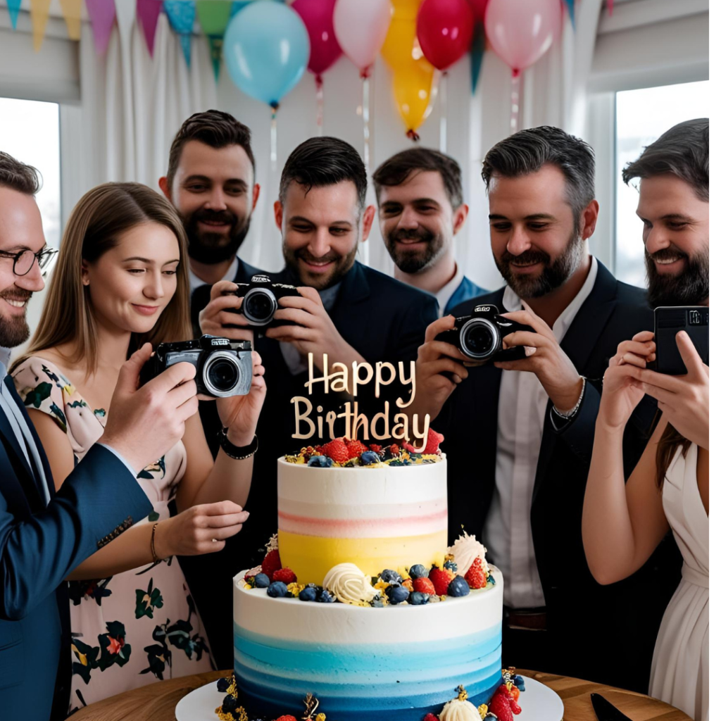  Group of guests photographing and admiring a birthday cake before cutting.