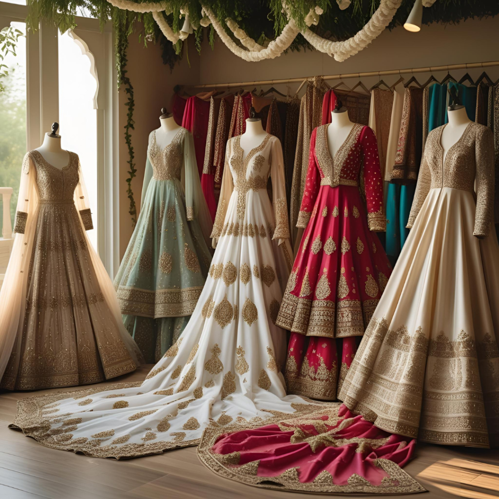 Wedding Dresses Inspired by Fairytales and Pakistani Elegance 9 : "Pakistani bridal wardrobe showing multiple wedding dresses for different ceremonies"