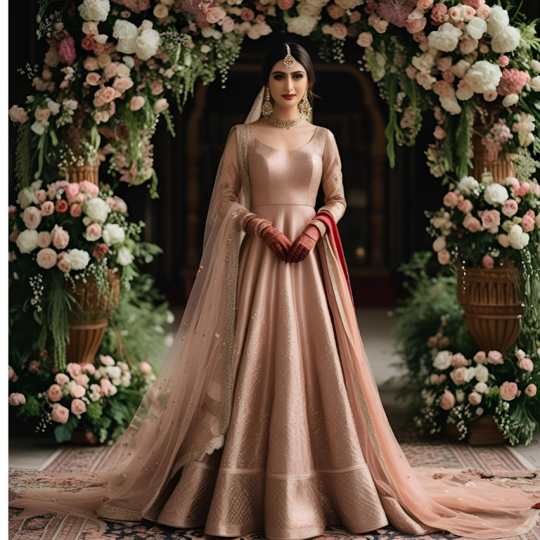 "Pakistani bride in a rose gold wedding dress standing under floral arch, blending fairytale romance with traditional elegance"