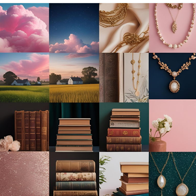 “A collage of 12 aesthetic wallpaper themes arranged in a grid layout, each square representing a different vibe: soft pink clouds for celestial, golden hour cottage fields for cottagecore, gold jewelry on satin for glow-up, stacked vintage books for soft girl academia, glittery microphones and neon lights for pop star fantasy, and lavender flowers with candles for chill vibes. The background is a pastel gradient blend of blush pink, lavender, and cream tones.”
