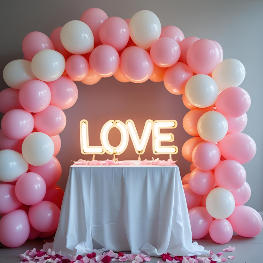 Romantic pink & white balloon arch with “Love” sign for party backdrop.