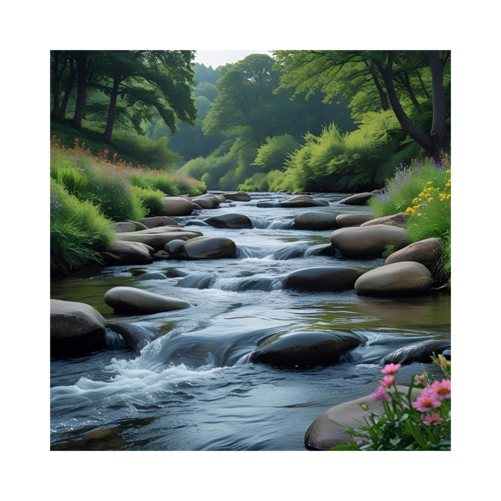 Nature Inspired Wallpapers: Breathtaking Views for Your Screen 4 Peaceful River Stream Wallpaper featuring calm flowing water and vibrant greenery.