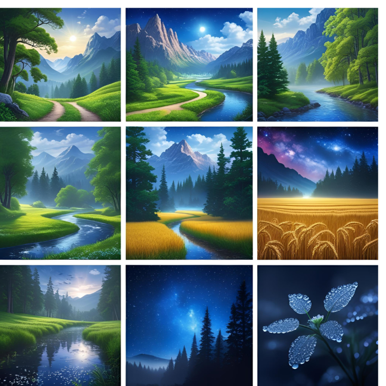 Collage of nature-inspired wallpapers featuring forest paths, mountains, rivers, wheat fields, misty pine forests, galaxy skies, and morning dew leaves.
