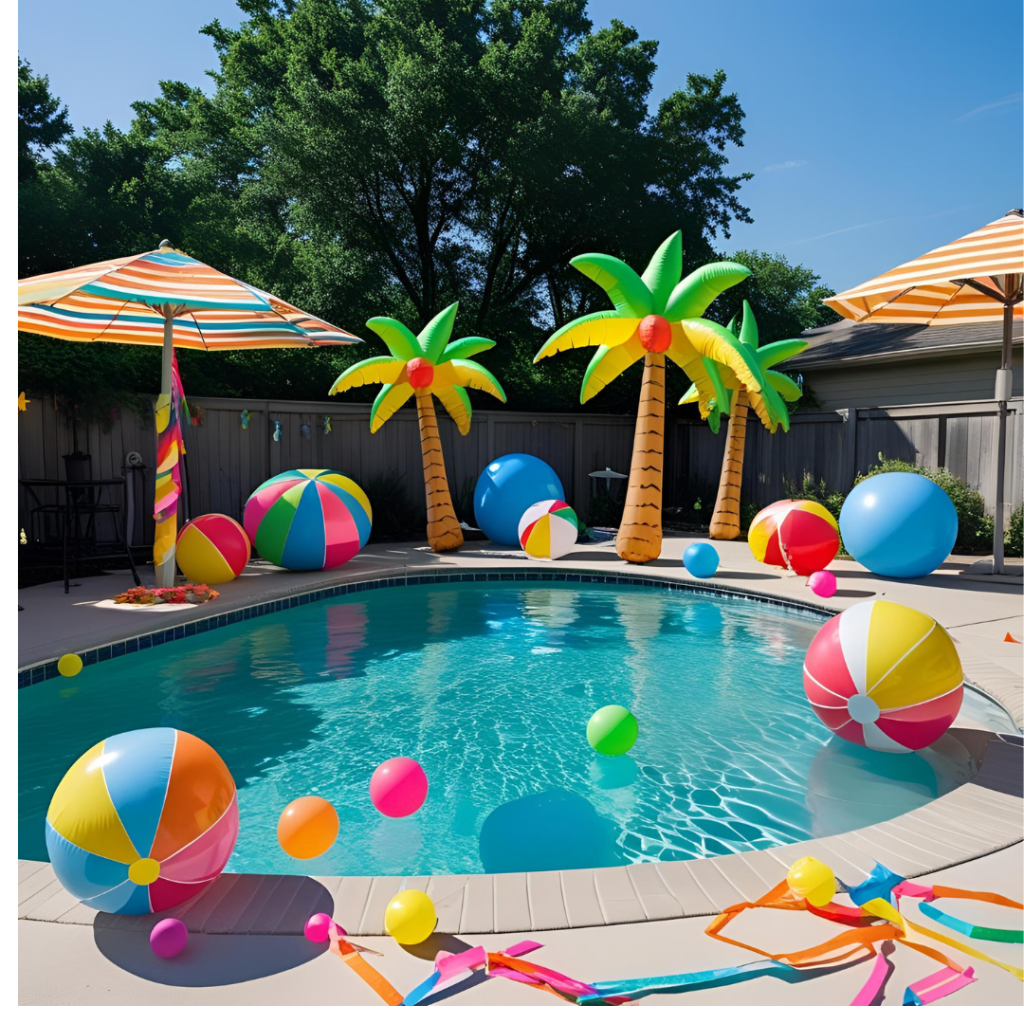 Dive Into Fun: The Ultimate Guide to Hosting a Perfect Pool Party 2 Backyard pool decorated with beach balls, palm tree inflatables, sun umbrellas, and colorful streamers—no people.