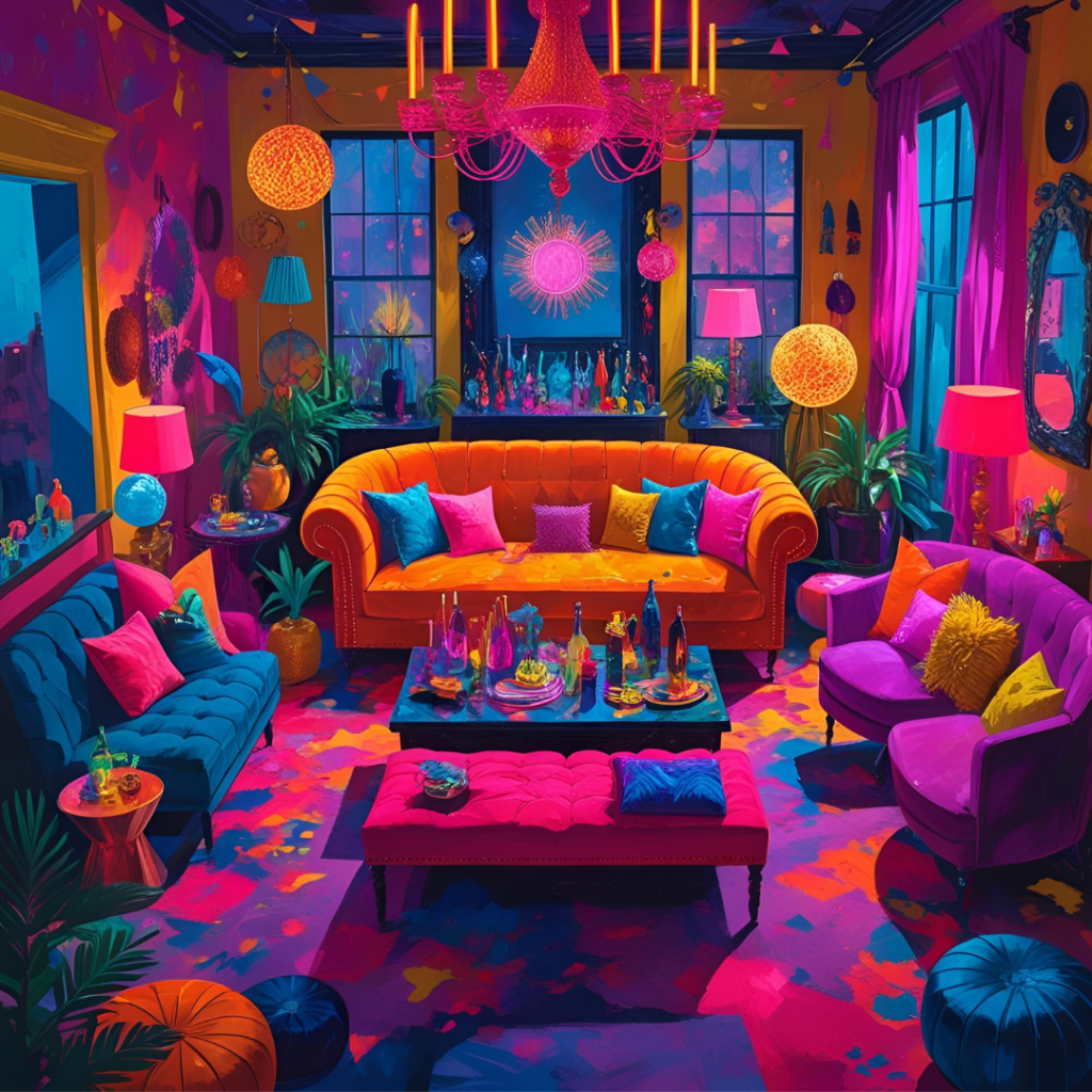  Colorful maximalist party room with eclectic decor, neon lights, and bold textures.