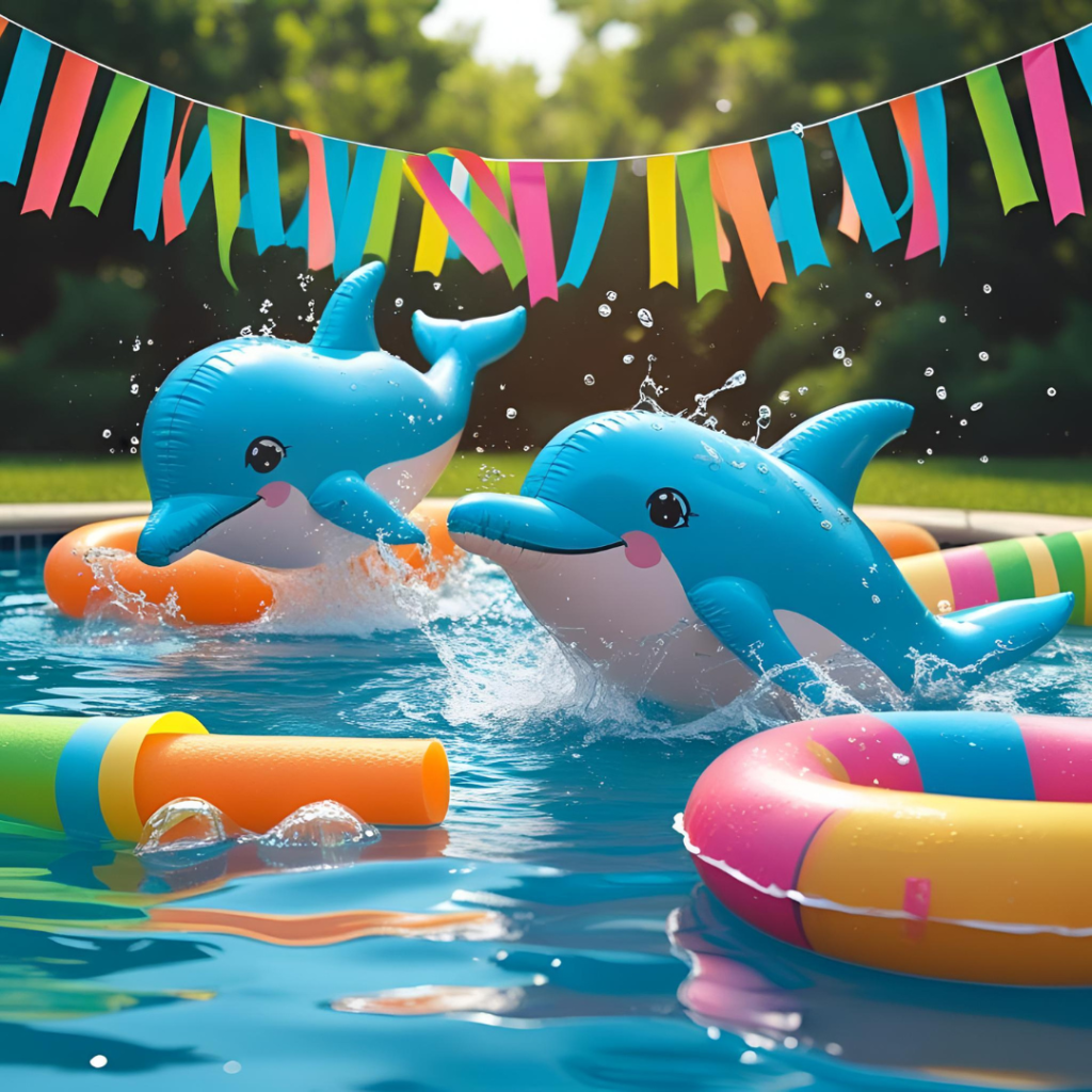 Dive Into Fun: The Ultimate Guide to Hosting a Perfect Pool Party 5 Poolside decorations with dolphin inflatables, colorful streamers, and pool noodles arranged around the space.