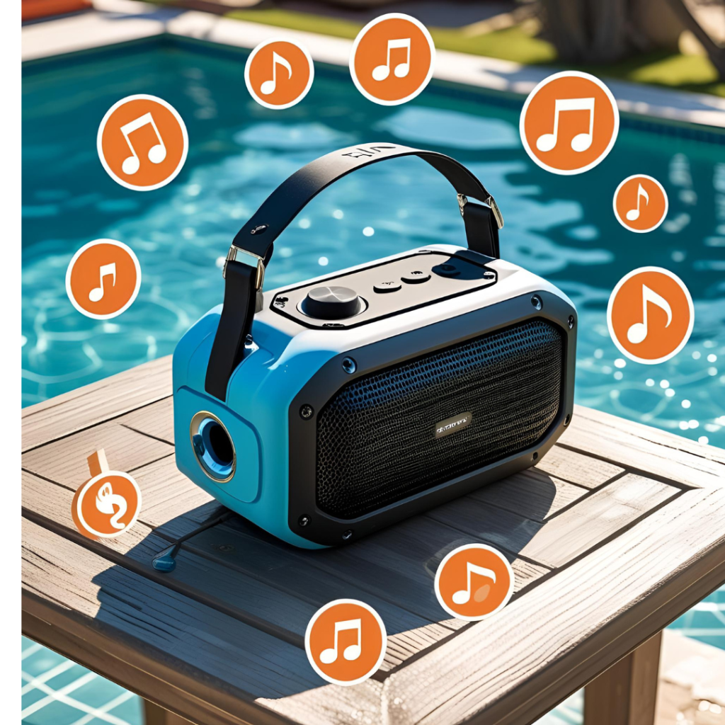 Dive Into Fun: The Ultimate Guide to Hosting a Perfect Pool Party 8 Waterproof speaker on a poolside table with music icons surrounding it in a sunny setting.