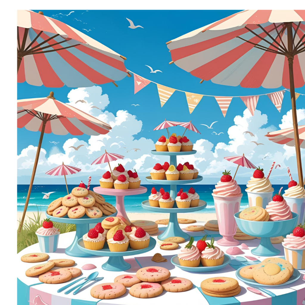 Dive Into Fun: The Ultimate Guide to Hosting a Perfect Pool Party 10 Table filled with cookies, cupcakes, and ice cream tubs decorated in a summer theme.