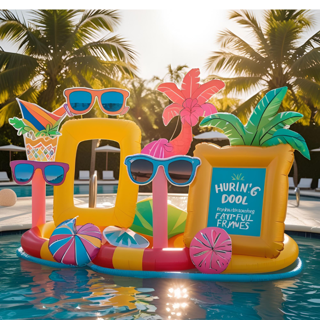 Dive Into Fun: The Ultimate Guide to Hosting a Perfect Pool Party 11 : Poolside photo booth setup with inflatable frames, sunglasses props, and tropical-themed signs—no people.