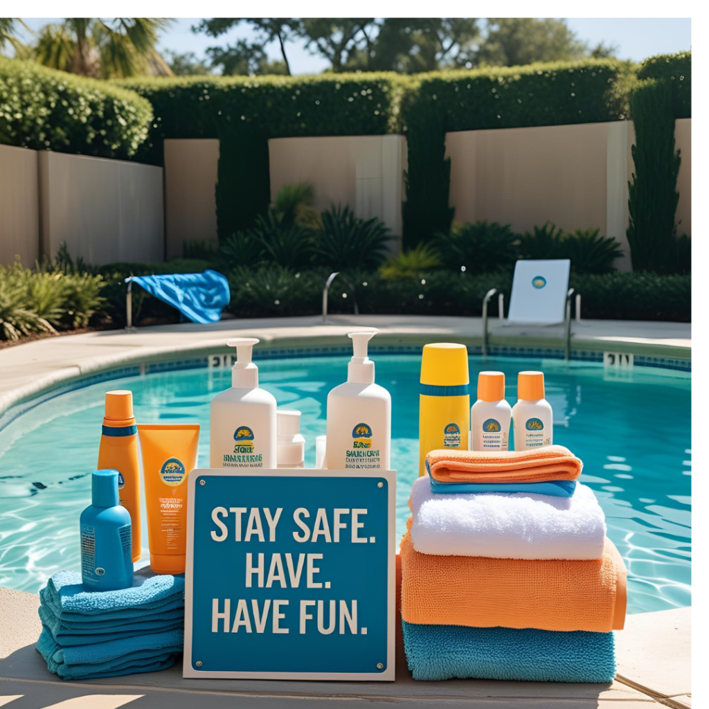 Dive Into Fun: The Ultimate Guide to Hosting a Perfect Pool Party 12 Safety table near pool with sunscreen bottles, towels, and a sign that reads “Stay Safe. Have Fun.”