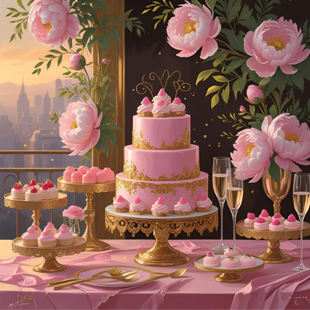  Elegant pink and gold dessert table setup with sweets and floral decor