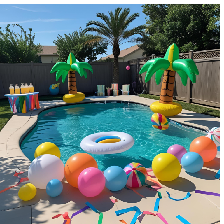 A sunny backyard pool decorated for a fun, family-friendly pool party. The pool is surrounded by beach balls, palm tree inflatables, colorful streamers, a drink table with lemonade, and a floaty in the water. No people shown. Bright blue sky above.
