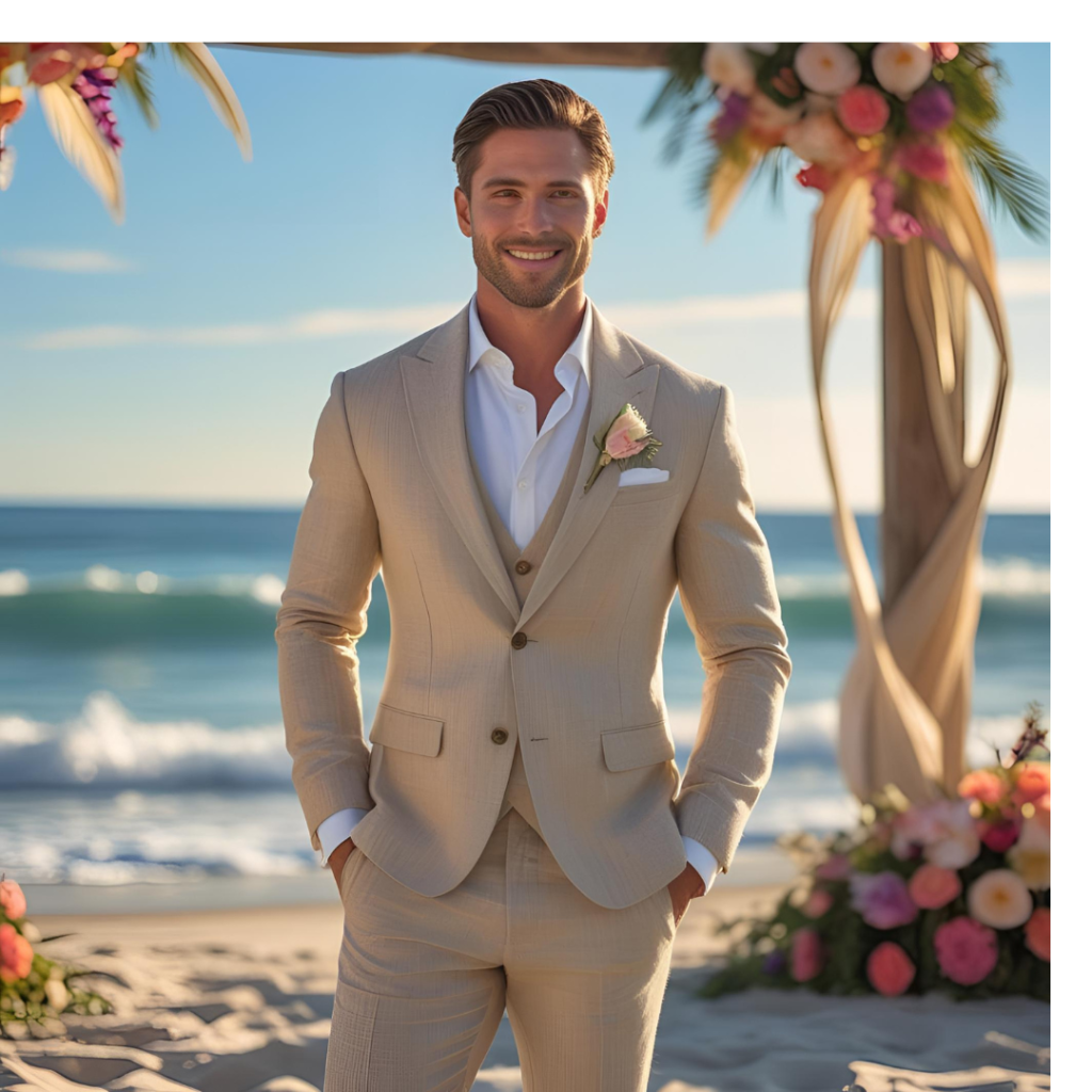 Groom Suits: Style, Elegance, and the Big Day 6 Groom in beige linen suit at a beach wedding with ocean waves behind him.