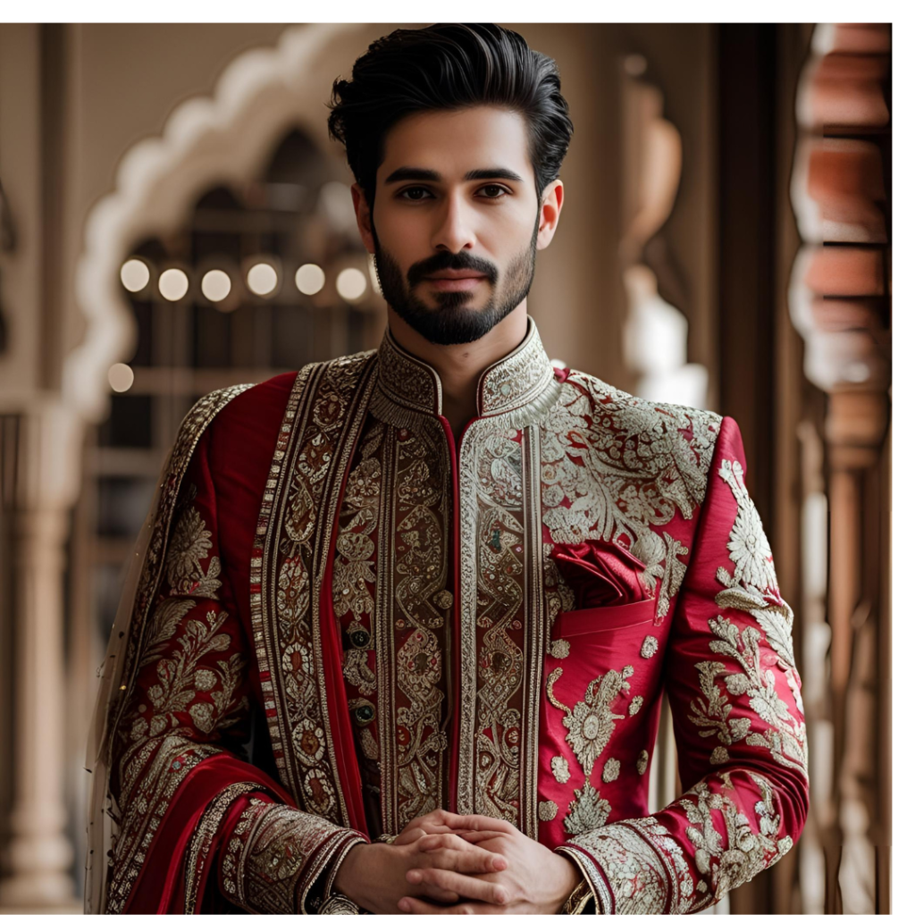Groom Suits: Style, Elegance, and the Big Day 7 Groom wearing traditional sherwani with intricate embroidery for a cultural wedding.