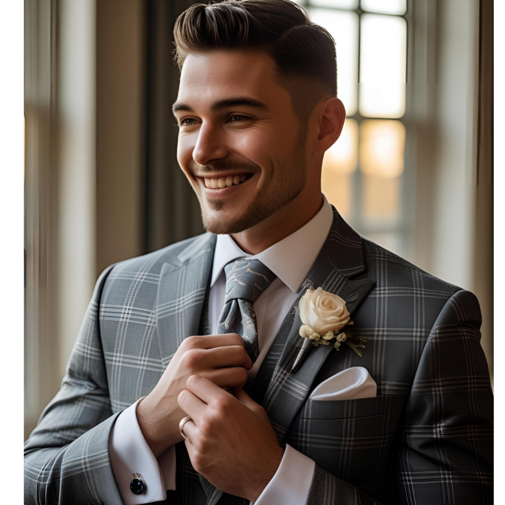 Groom Suits: Style, Elegance, and the Big Day 8 Groom wearing a grey checkered suit with a matching tie, smiling and adjusting his cufflinks.