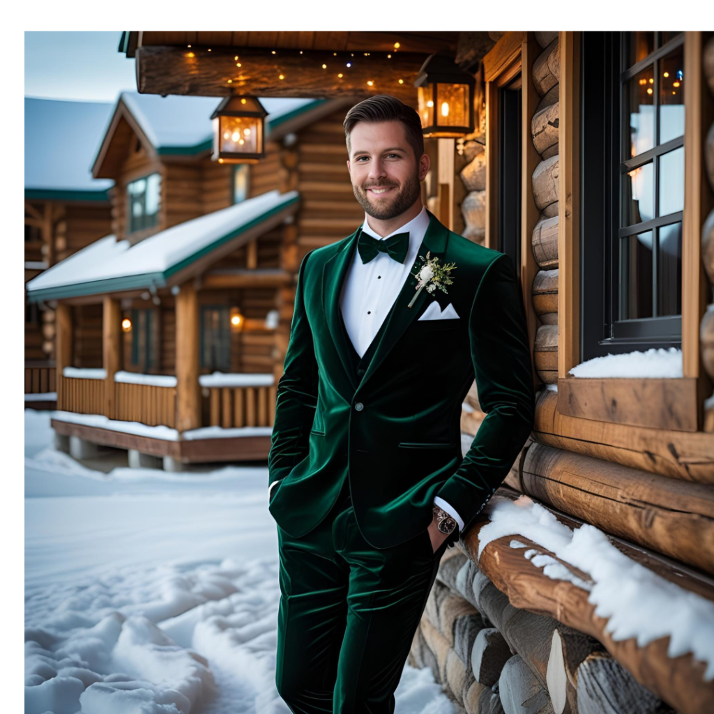 Groom Suits: Style, Elegance, and the Big Day 9 Groom in a dark green velvet suit standing beside a snowy winter lodge with a warm smile.