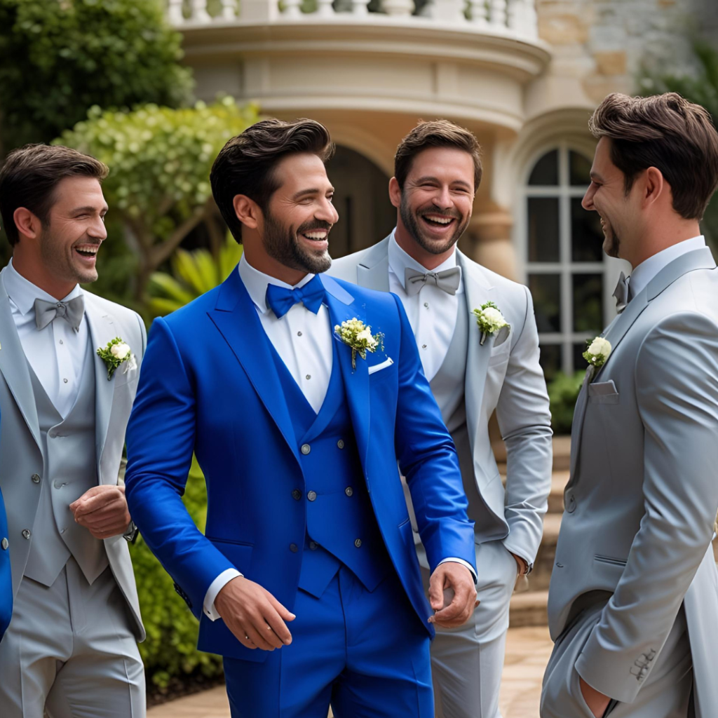 Groom Suits: Style, Elegance, and the Big Day 10 Groom in a royal blue suit with groomsmen in light grey, all laughing together outside a venue.