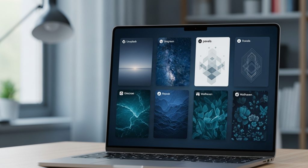 Laptop Wallpaper HD 1080p Aesthetic Dark Blue HD 11 “Laptop screen showing collage of popular wallpaper platforms with different dark blue HD wallpapers.”