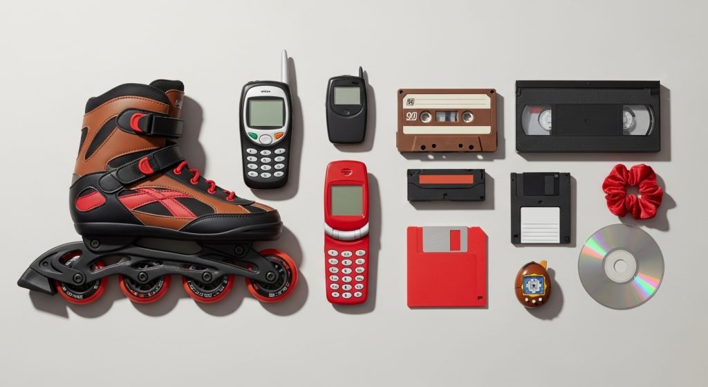Vintage 90s Retro Brown iPhone 90s Aesthetic Wallpaper Designs 7 Minimalist flat-lay of rollerblades, pagers, and flip phones in brown, red, and black, evoking 90s street culture and early tech nostalgia.