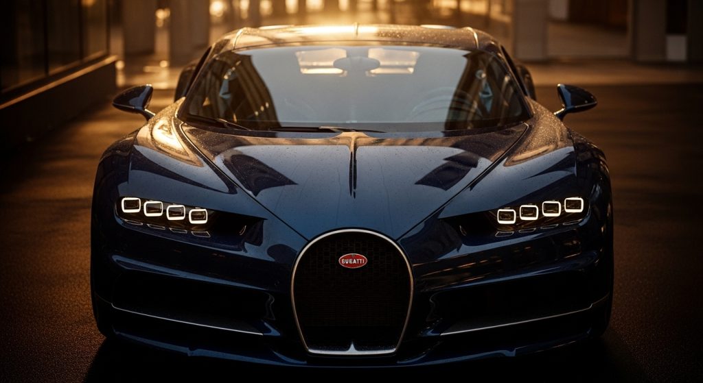 Dark Aesthetic Car Wallpapers for Laptop Sleek & Stylish Backgrounds 7 “Ultra-HD wallpaper of a Bugatti Chiron under dim golden lights, shot from the front with dramatic reflections.”