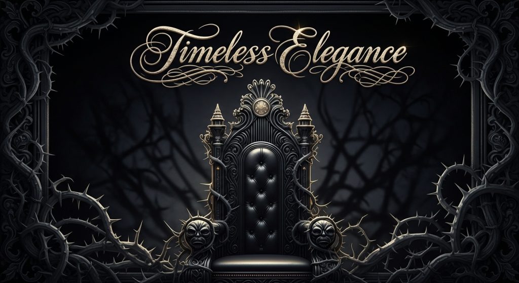 Timeless Beauty in Black: Aesthetic Wallpaper Ideas 7 "Digital frame featuring a black throne surrounded by thorns with ornate script text 'Timeless Elegance,' enhanced by textured shadows and subtle accents for a majestic look."