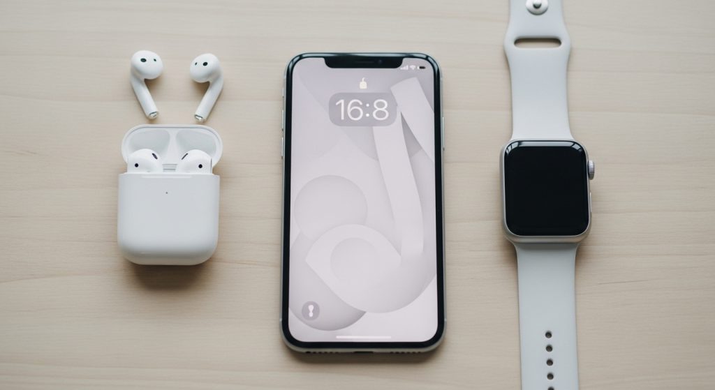 Aesthetic Wallpaper Background iPhone White Minimal & Elegant HD Designs 4 "Digital lifestyle scene with iPhone lock screen featuring white aesthetic wallpaper, paired with AirPods and sleek Apple Watch."