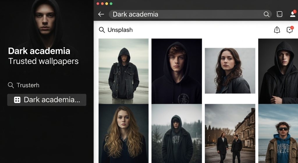 Laptop Wallpaper HD 1080p Aesthetic Vintage Dark Academia Timeless Backgrounds 11 “Laptop screen displaying a search for dark academia wallpapers on trusted platforms like Unsplash.”