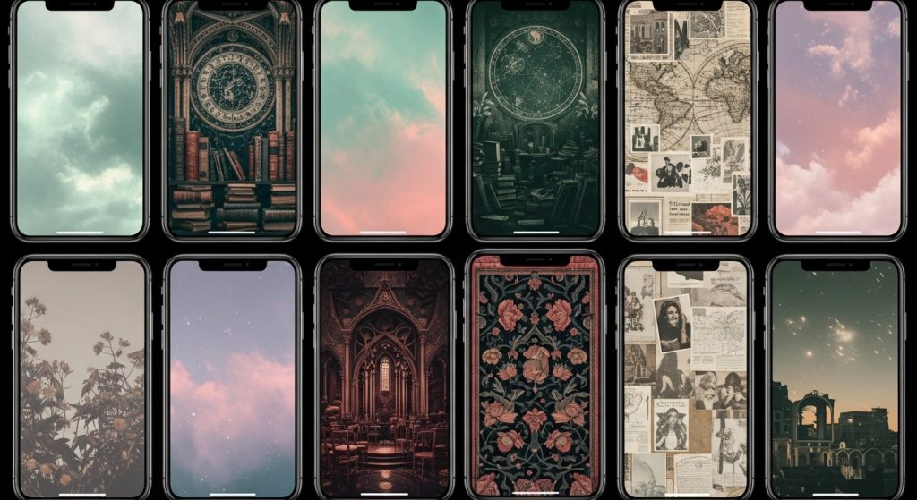 Aesthetic Wallpaper Backgrounds for iPhone HD & Minimal Styles 3 t: A moody aesthetic collage of wallpapers with pastel, dark academia, and vintage vibes displayed on multiple iPhone screens.