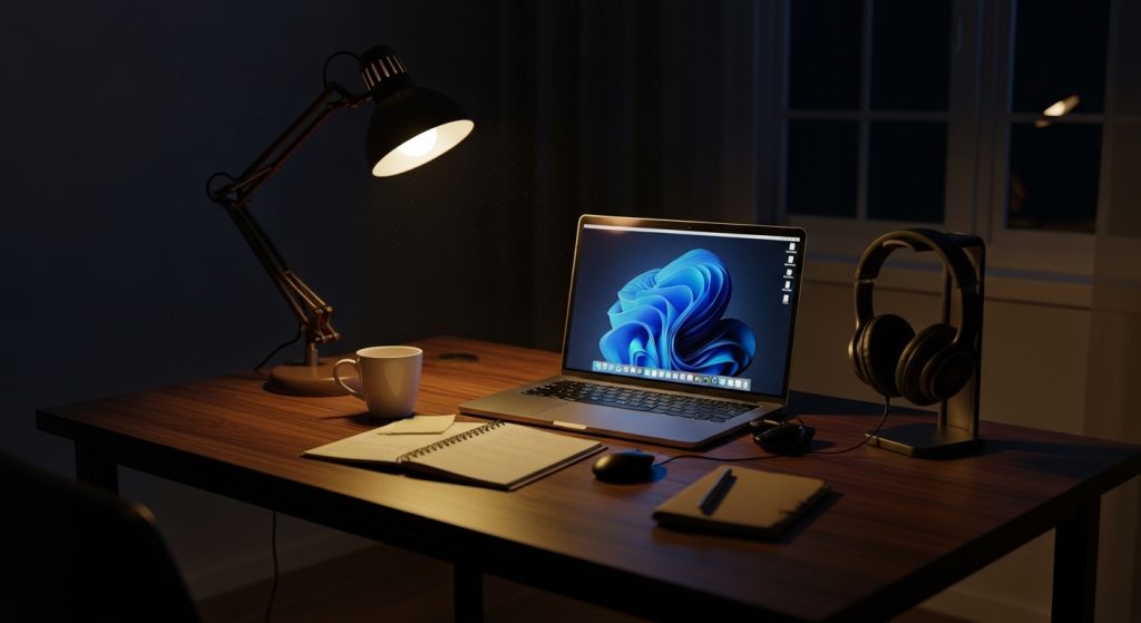 Laptop Wallpaper HD 1080p Aesthetic Dark Blue HD 9 “Night owl’s desk with dim lighting, a lamp, and a laptop glowing with dark blue abstract wallpaper.”