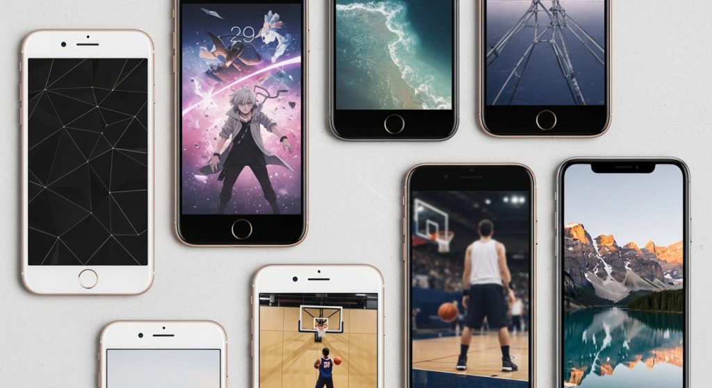 Aesthetic Wallpaper Background for iPhone Boy Stylish & Minimal HD Designs 10 Flat lay of multiple iPhones each with different wallpapers—minimal black, anime, sporty, and nature designs—to show variety.